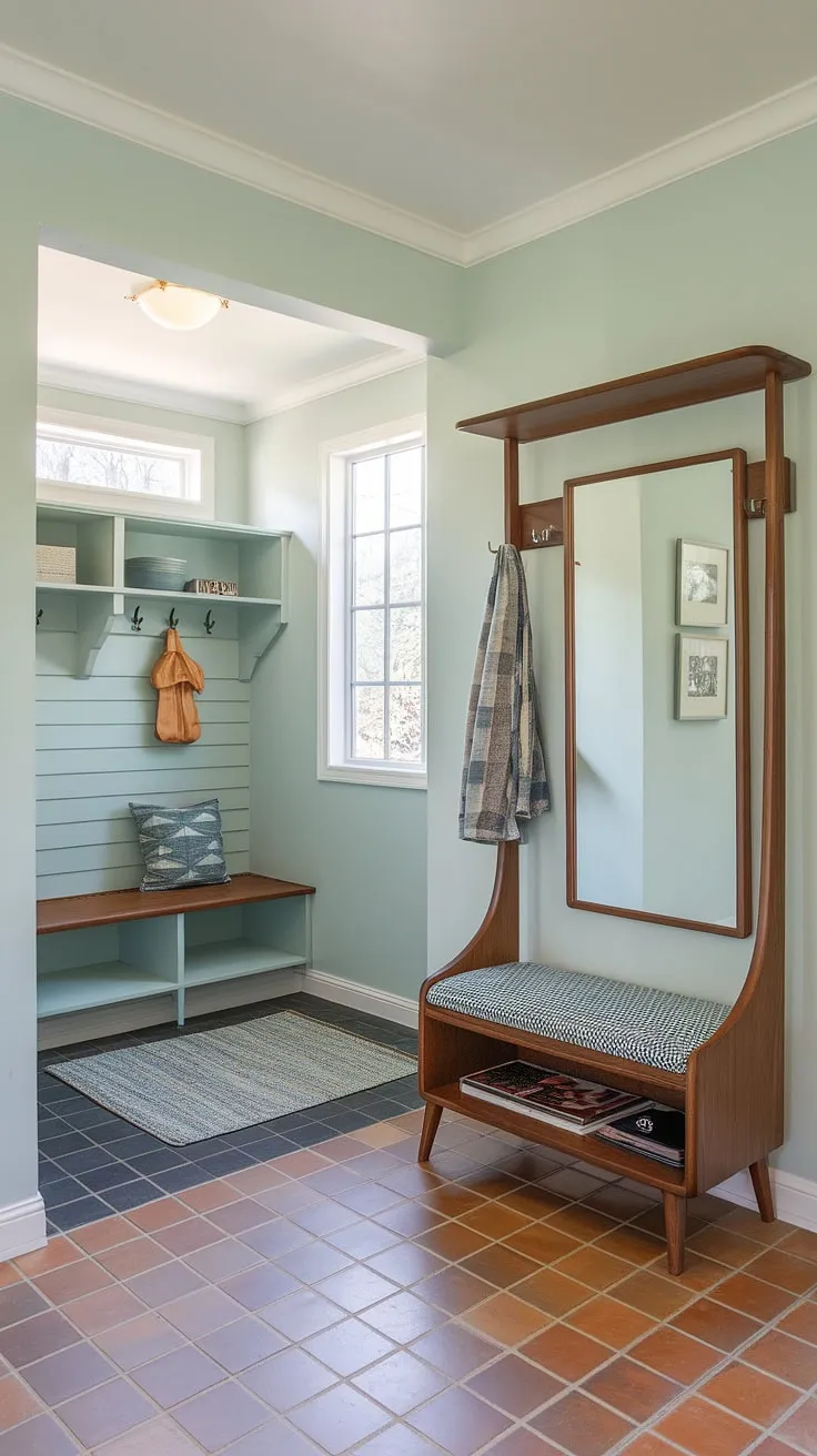 Step into serenity. This mid-century modern entryway, with its thoughtfully designed hall tree and inviting mudroom, effortlessly blends style and functionality. The soft blue walls and patterned bench cushion add a touch of personality, while the ample storage ensures a clutter-free space. A perfect blend of form and function, this entryway welcomes you home.