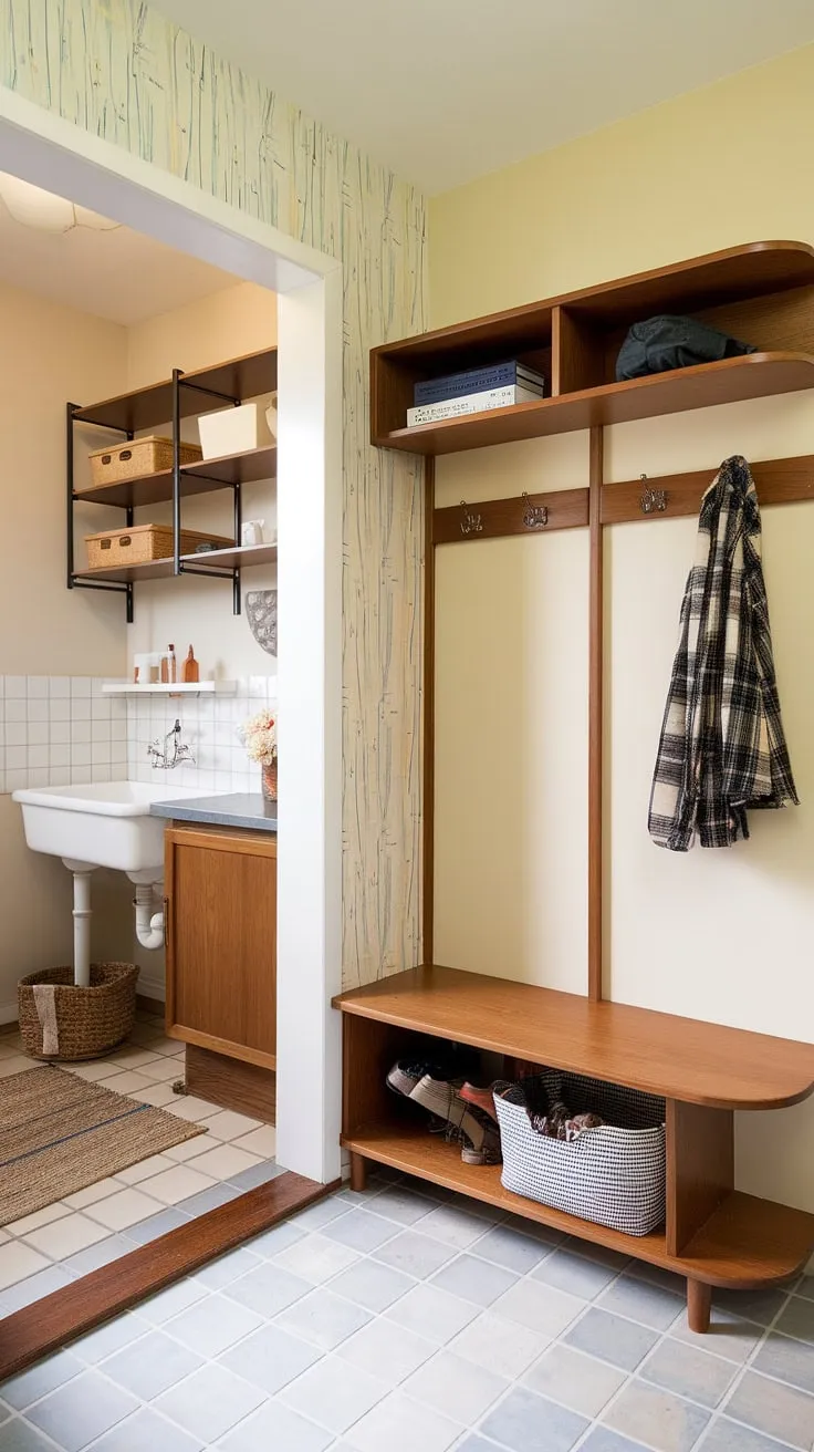 This stunning entryway seamlessly blends mid-century modern design with practical functionality. A custom hall tree, complete with a bench and coat racks, sits alongside a well-organized mudroom featuring a sink, cabinet, and ample shelving. The patterned walls and tiled floor add a touch of vintage charm, creating a truly inviting and efficient drop zone.