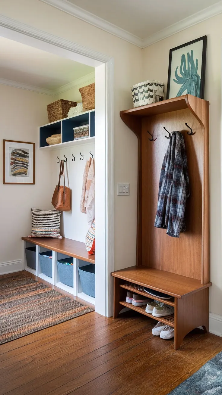 Step into mid-century modern style with this perfectly organized entryway. The hall tree, complete with coat rack and shoe storage, seamlessly blends with the built-in bench and storage bins of the mudroom, creating a functional and aesthetically pleasing drop zone. Artwork adds personality, while the warm wood floors and thoughtful design details complete the look. A true testament to efficient and stylish home organization.