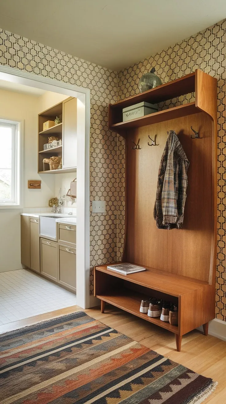 A thoughtfully designed entryway that's both beautiful and functional. The hall tree, mudroom sink, and abundant shelving provide a designated drop zone for coats, shoes, and bags, keeping everything in its place. The mid-century modern aesthetic, accented by the distinctive wall pattern, creates a truly inviting and stylish entrance to any home. A space where organization meets artistry.