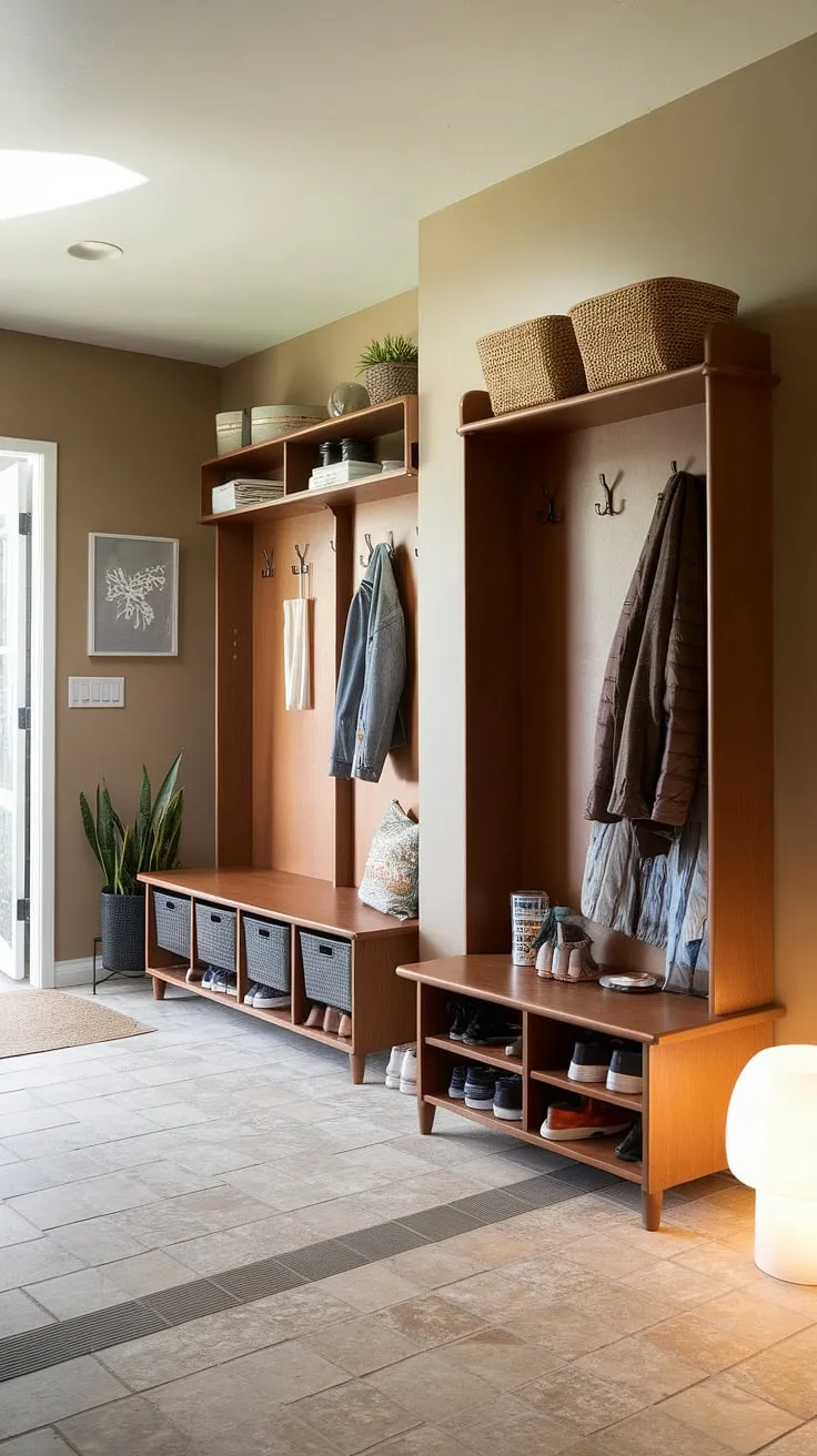 Step into mid-century modern style with this thoughtfully designed entryway. The hall tree and built-in mudroom offer ample storage, keeping coats, shoes, and everyday essentials organized and readily accessible. A calming beige palette and patterned tile create a welcoming atmosphere. The addition of a simple floor lamp and a few personal touches completes the look, making this space both functional and aesthetically pleasing.