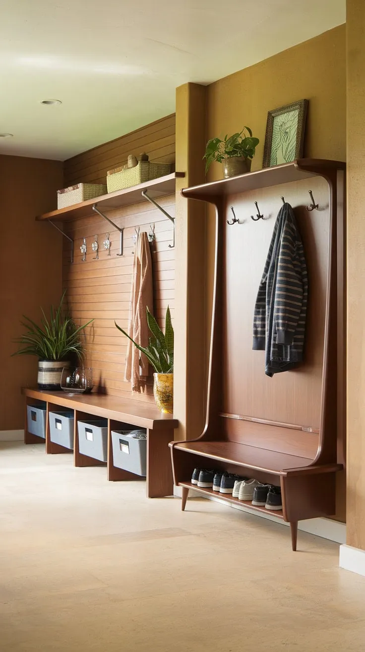 Step into a mid-century modern dream. This entryway, with its thoughtfully designed hall tree and spacious mudroom, effortlessly blends style and functionality. The warm earthy tones and natural light create a welcoming atmosphere, making coming home a true pleasure. A perfect blend of form and function, this space is a testament to the enduring appeal of classic design.