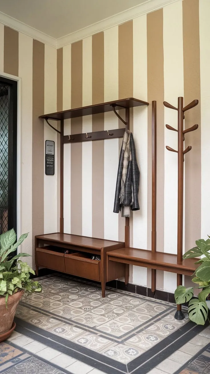 Step into mid-century modern style with this inviting entryway. The patterned tile floor, striped walls, and thoughtfully designed hall tree with bench create a welcoming atmosphere. A convenient drop zone with hooks and storage completes this functional and aesthetically pleasing space. Potted plants add a touch of nature, enhancing the overall ambiance.