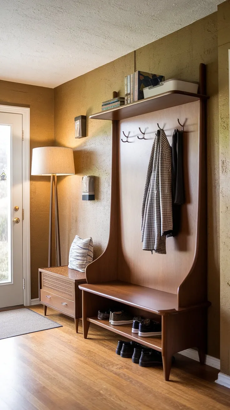 This isn't just an entryway; it's a statement. The blend of mid-century design elements, from the textured walls to the sleek hall tree, creates a sophisticated and practical space. The built-in storage and comfortable bench make coming and going a breeze.