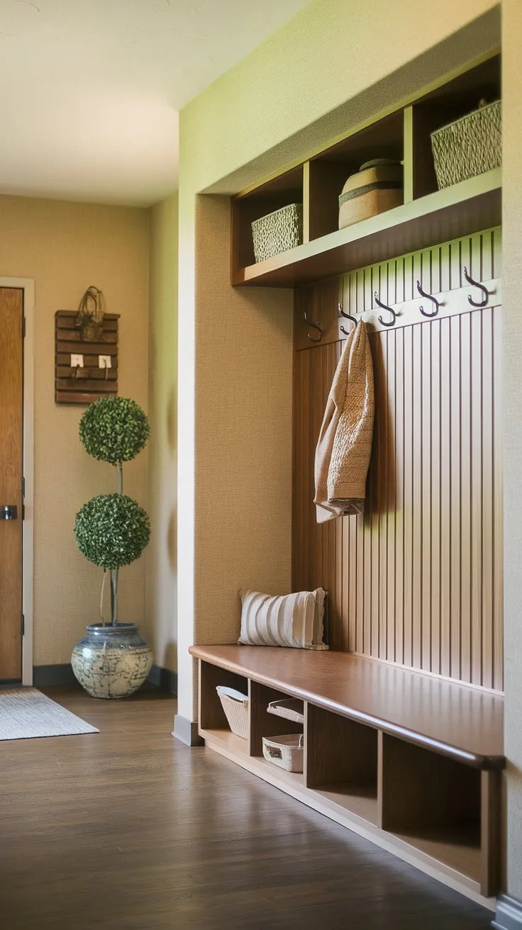 Step into mid-century modern style with this inviting entryway. The warm beige walls and dark wood floors create a sophisticated backdrop for the functional hall tree and built-in bench, providing ample storage and a designated drop zone for everyday essentials. A touch of greenery adds a refreshing element to this perfectly organized space.