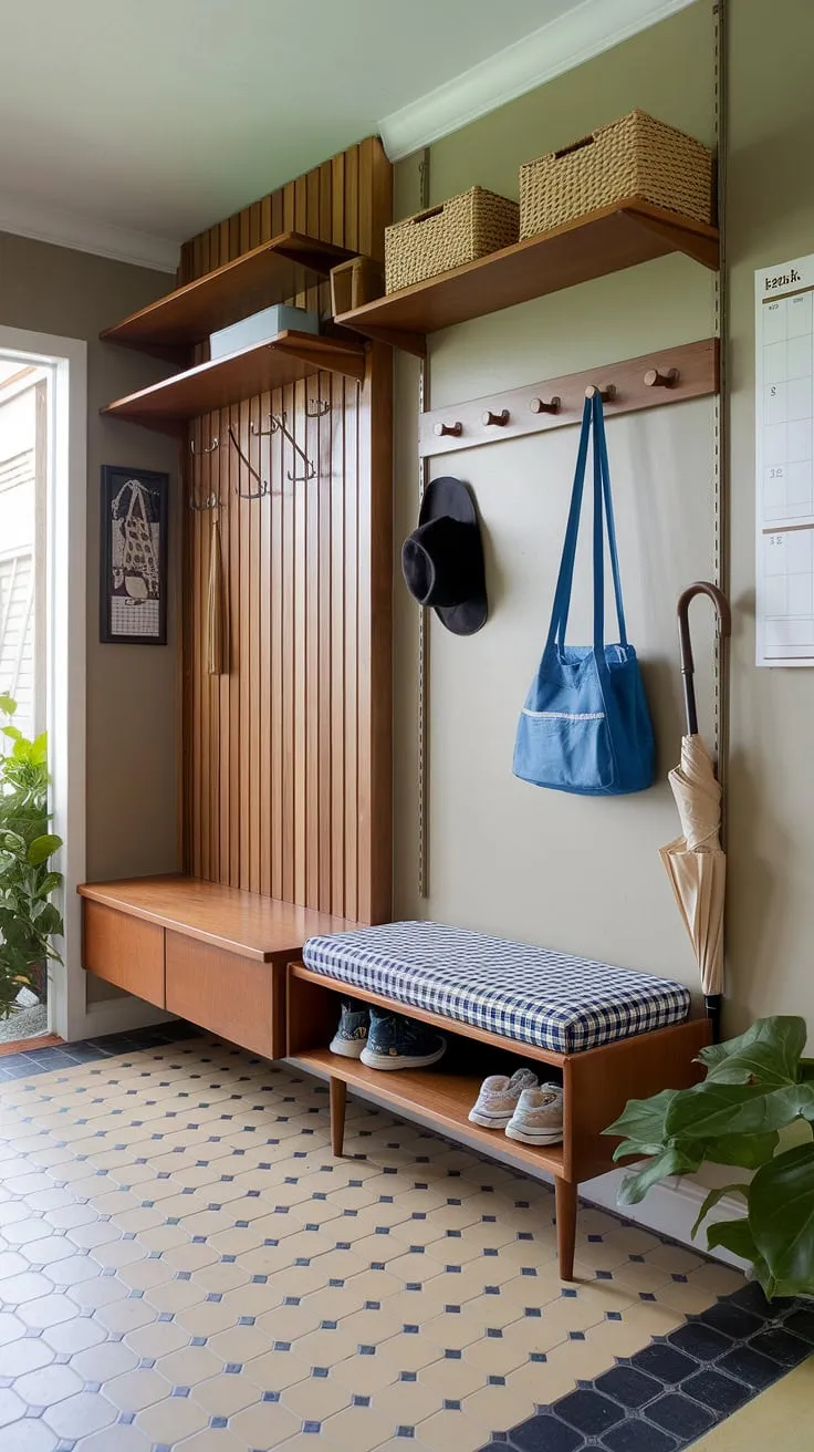 This mid-century modern mudroom and entryway is the epitome of organized style. The custom built-ins, including the hall tree and shelving, provide ample storage while the cheerful checkered bench and vibrant accessories add a touch of personality. A true testament to efficient and aesthetically pleasing design.