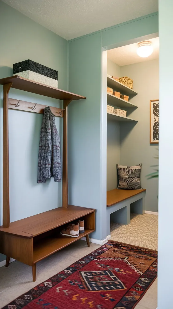 Light, airy, and effortlessly stylish. This mid-century modern entryway is a dream. The thoughtfully designed hall tree and mudroom create a welcoming and practical space, perfect for shedding the day's worries and embracing the calm of home. A true testament to timeless design.