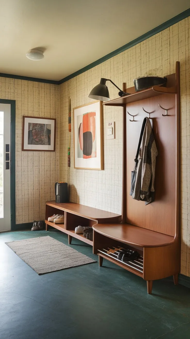 This thoughtfully designed entryway and mudroom seamlessly blend mid-century modern style with practical functionality. A welcoming space where style meets organization, featuring a charming hall tree, dedicated storage, and a calming color palette that sets the tone for the entire home. The result is an inviting and efficient area perfect for everyday life.