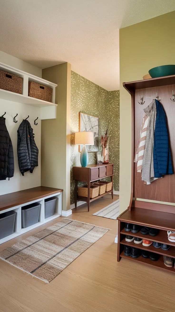 This curated entryway is the epitome of mid-century modern design. The hall tree's clever storage solutions, paired with the built-in mudroom bench and dedicated drop zone, ensure a clutter-free and organized start to your day. The subtle green wallpaper adds a touch of personality against the neutral backdrop, while the warm wood flooring and stylish console table complete the look. A true testament to timeless design.