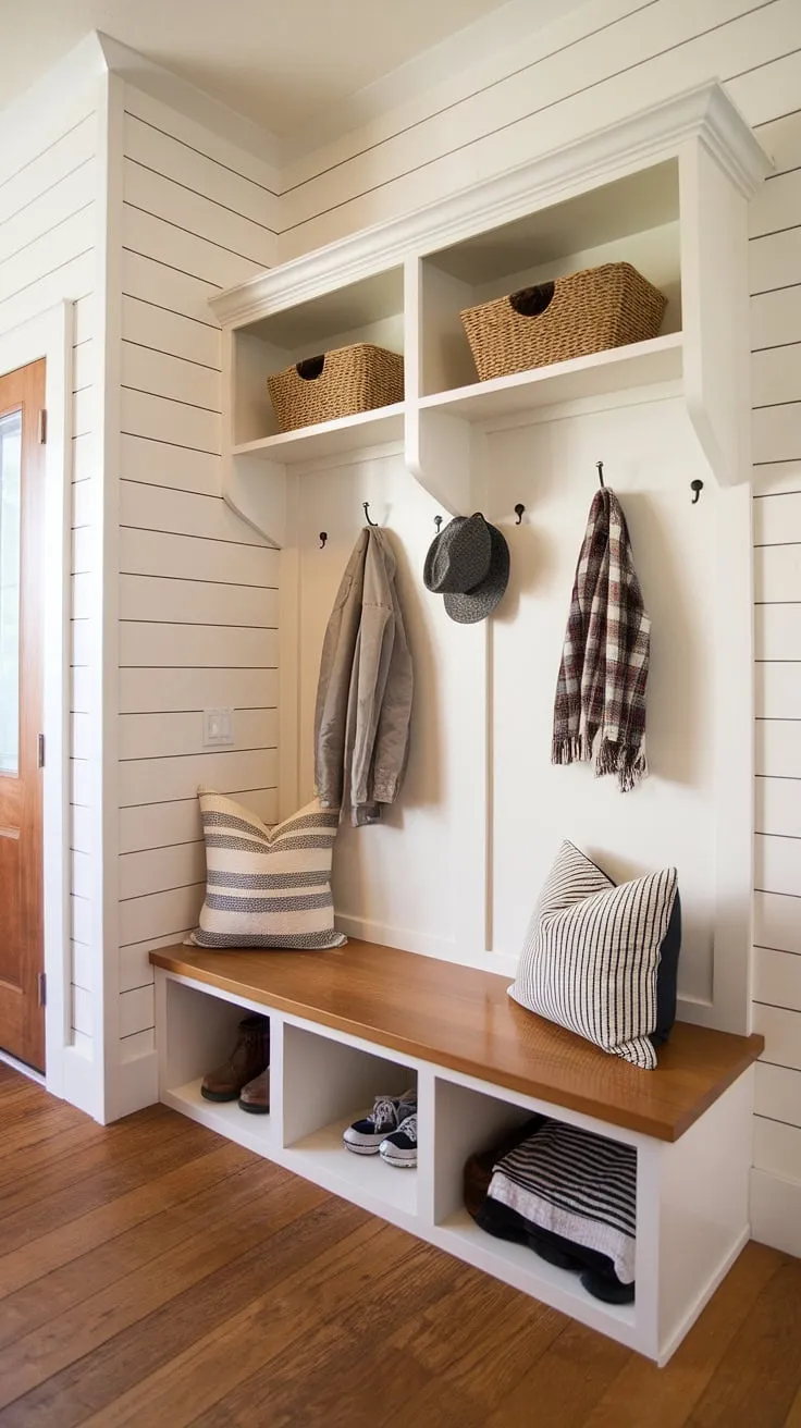 Step into mid-century modern charm with this perfectly functional entryway. The shiplap walls, wood floors, and built-in hall tree create a warm and inviting atmosphere, while the bench with storage and ample coat hooks ensure a clutter-free drop zone. A true testament to thoughtful design.