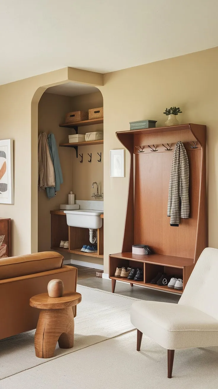 This thoughtfully designed entryway is the epitome of mid-century modern living. A practical mudroom with sink and storage flows effortlessly into a relaxing seating area, complete with a hall tree and a drop zone. The neutral color palette and carefully chosen furniture create a calm and inviting atmosphere, making a stylish statement from the moment you arrive. A perfect blend of form and function.