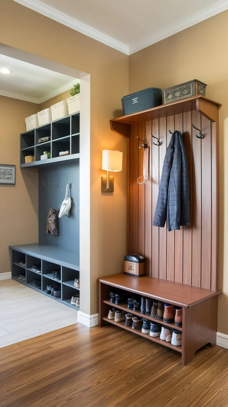 Step back in time with this mid-century modern entryway. The perfectly preserved hall tree, complete with a shoeshine kit, and built-in storage offer both style and practicality, creating a welcoming and organized space. A true testament to timeless design.