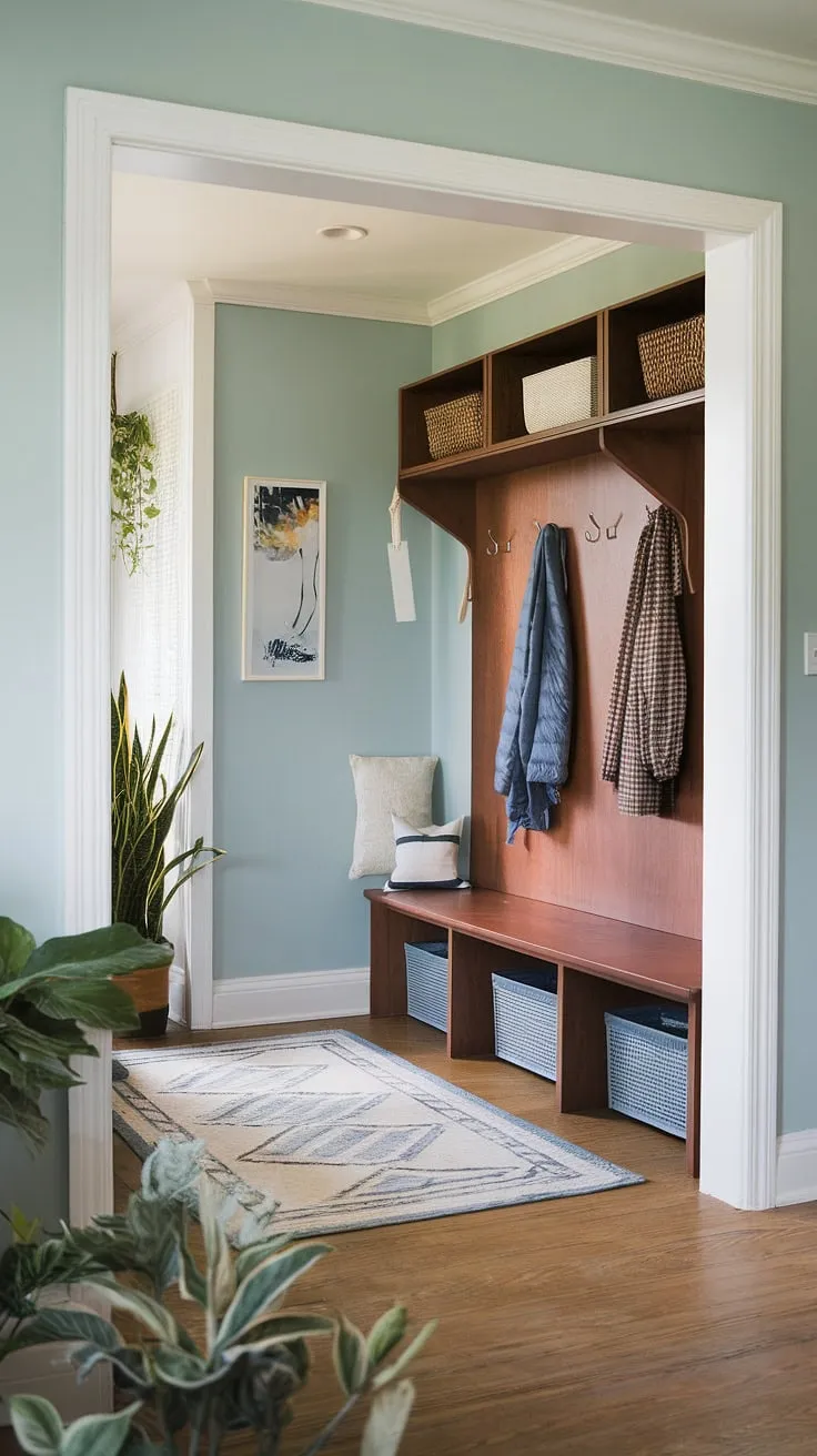 Step into serenity. This mid-century modern mudroom, with its calming light blue walls and thoughtful storage solutions-including a hall tree, woven baskets, and a dedicated drop zone-makes coming home a peaceful transition. The addition of greenery completes the inviting atmosphere.