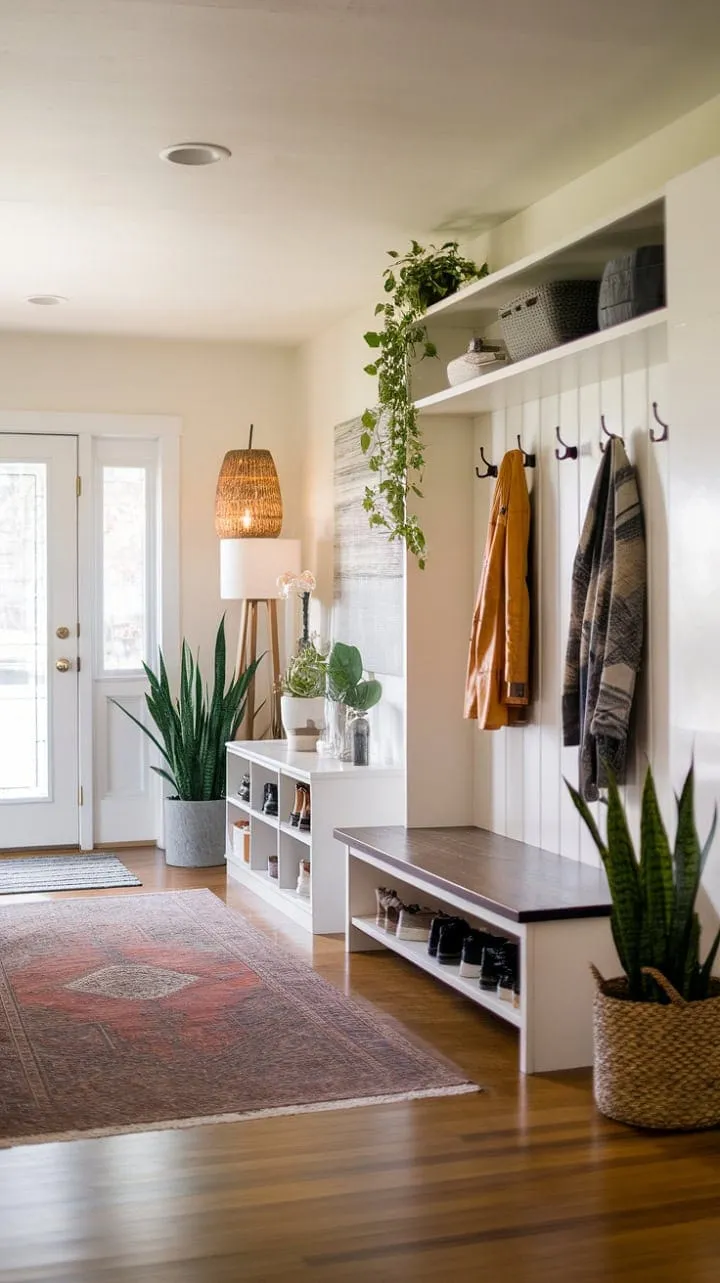 This mid-century modern entryway seamlessly combines stylish storage and cozy comfort, creating a serene and chic retreat from the day's stresses.