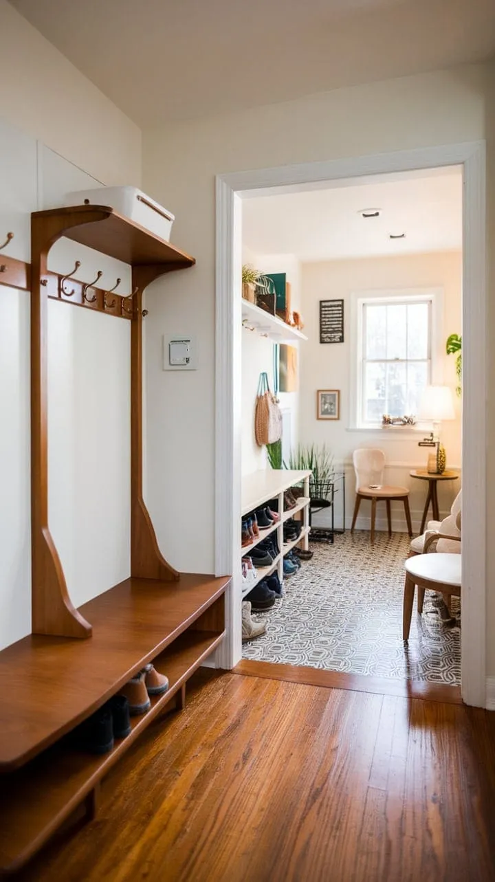 This meticulously crafted entryway blends mid-century modern elegance with practical organization, featuring a built-in bench and dedicated mudroom for a stylishly functional space.