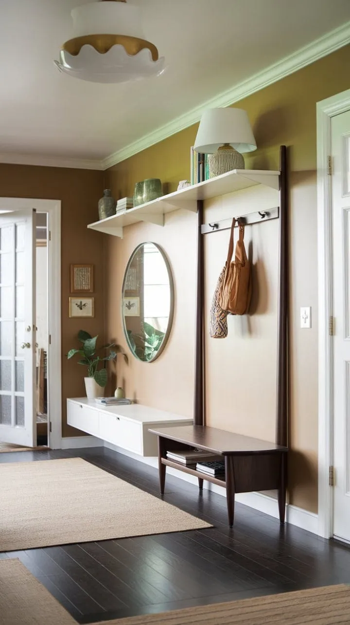 This entryway masterfully combines mid-century modern elegance with warm wood tones and crisp whites, creating a stylish yet practical space that reflects personal flair.
