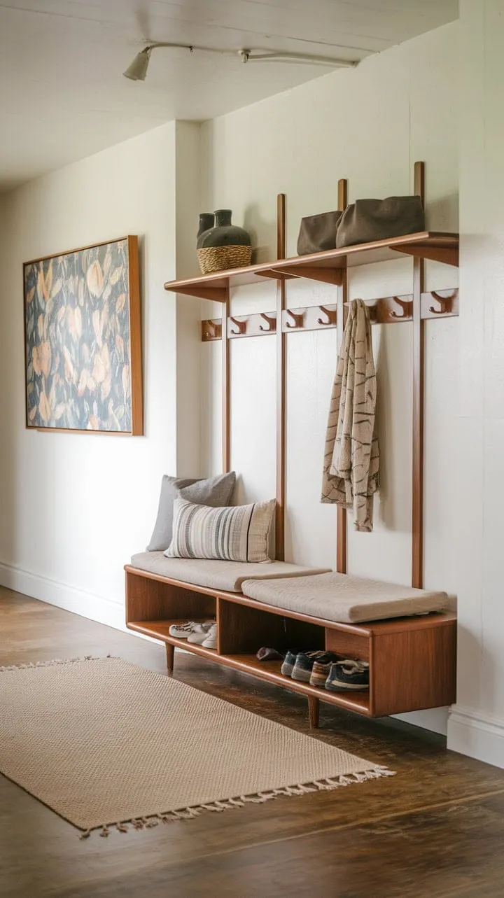 Bathed in natural light, this inviting entry harmoniously blends mid-century charm with curated vintage pieces, creating a warm and artistic welcome.