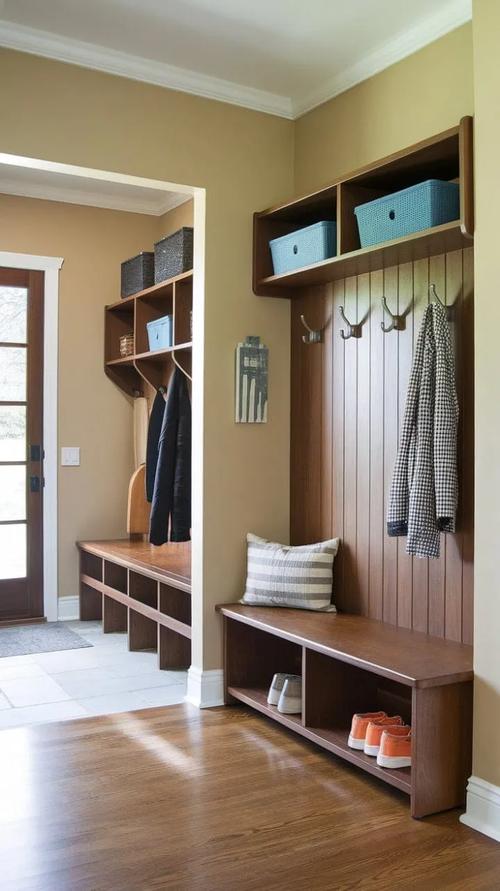 This mid-century modern entryway masterfully combines style and practicality with a chic hall tree, ample storage, and warm tones that create an inviting atmosphere.
