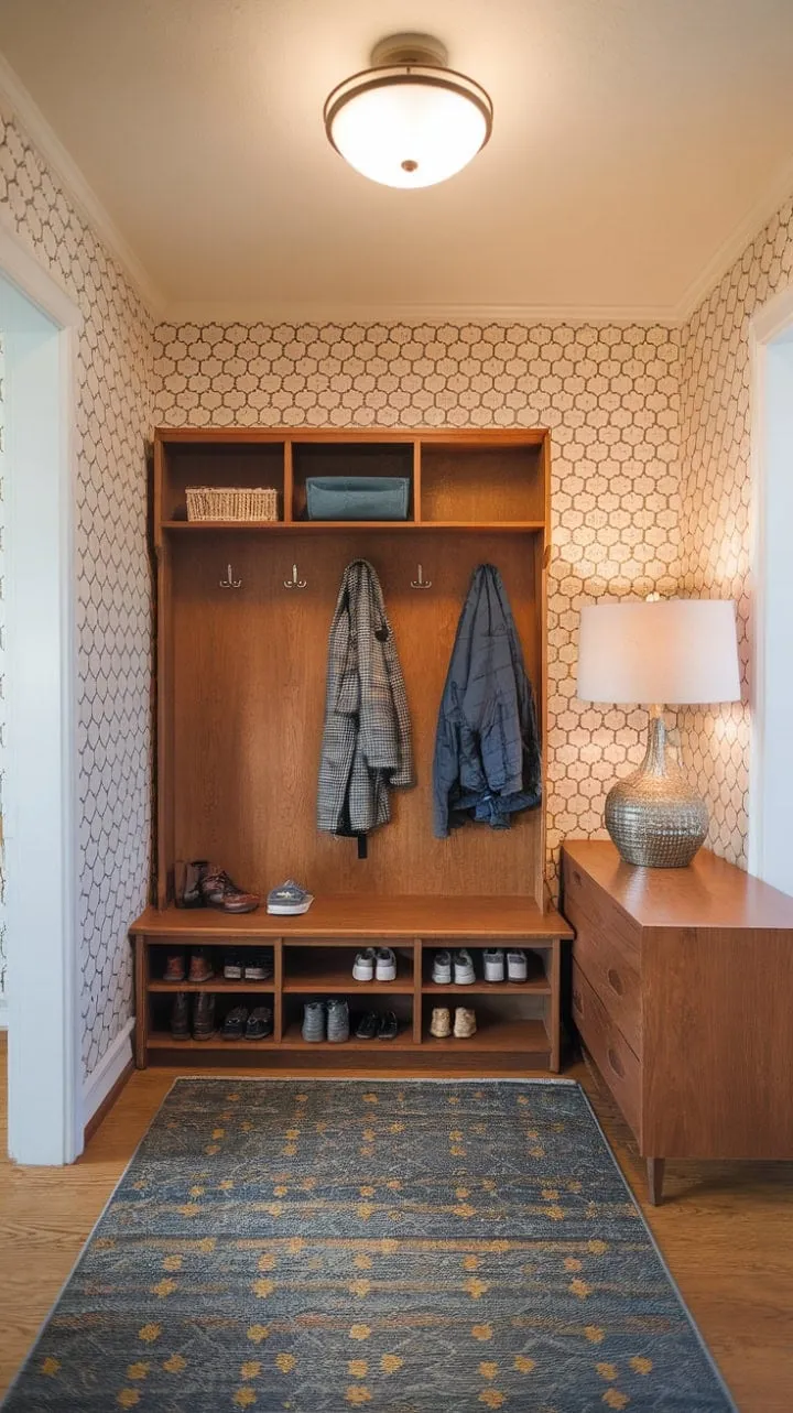 Experience the perfect harmony of form and function in this mid-century modern entryway, where stylish design meets practical organization.