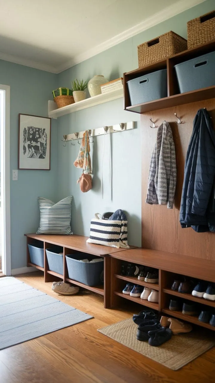 This entryway masterfully blends vintage allure with functional design, featuring a spacious hall tree and convenient drop zone that showcase the timeless elegance of mid-century modern style.