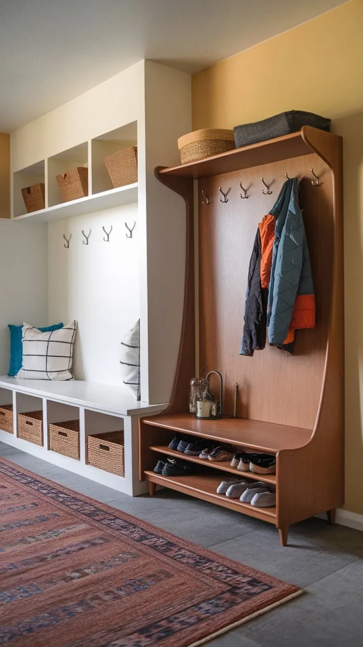 This mid-century inspired entryway masterfully combines beauty and practicality with curated storage solutions that streamline daily comings and goings.