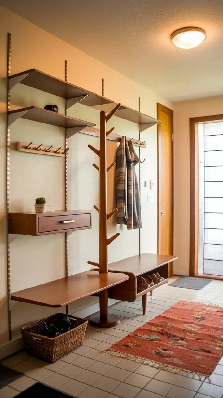 This mid-century modern entryway seamlessly blends streamlined elegance with functional design, featuring built-in storage, a cozy bench, and warm lighting for an inviting atmosphere.