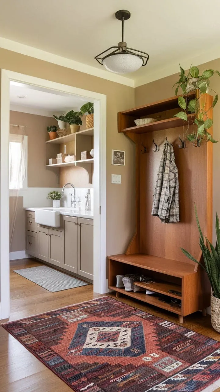 This serene entryway blends warm wood, a beige palette, and mid-century elegance with practical features and bohemian accents for a welcoming atmosphere.