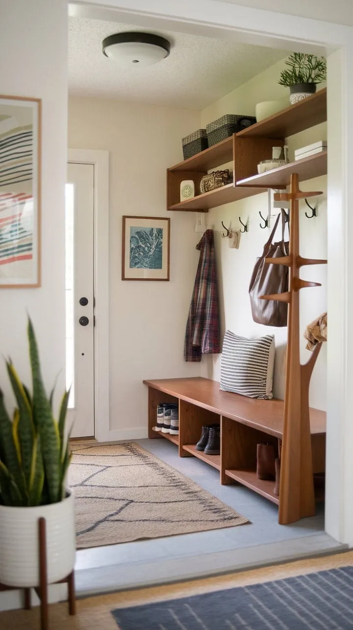 This stunning mid-century modern entryway seamlessly combines style and practicality, creating a welcoming haven for all who enter.