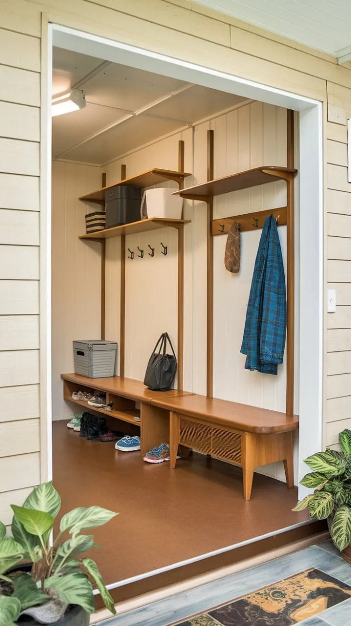 This stylish entryway harmoniously fuses mid-century modern design with functional storage, featuring a charming hall tree and organized mudroom that exude warmth and welcome.