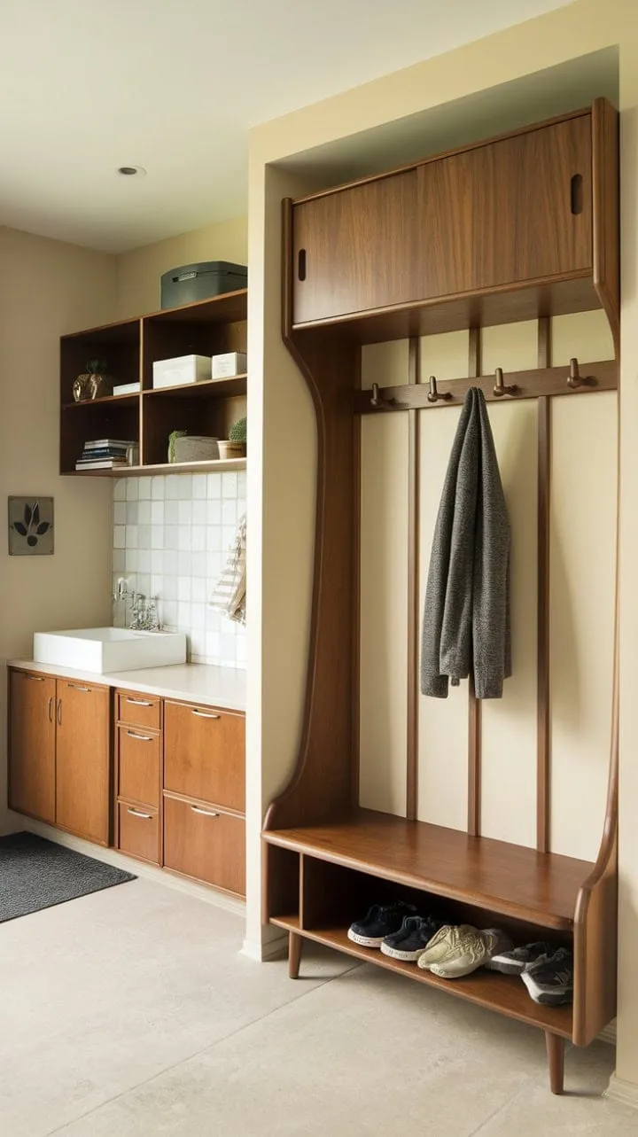 This mid-century modern entryway masterfully blends beauty and practicality with its stylish hall tree, mudroom, and warm beige and wood palette.
