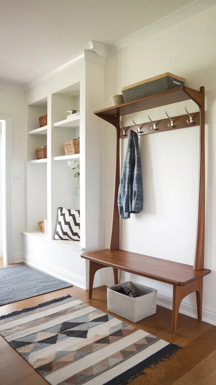 This mid-century modern entryway masterfully combines clean lines and practical features, offering a warm and organized welcome home that embodies timeless design.