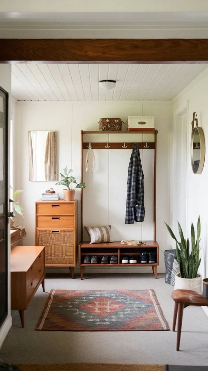 This mid-century modern entryway masterfully combines warm wood tones and clean lines with stylish storage and personal touches, creating an inviting and functional space.