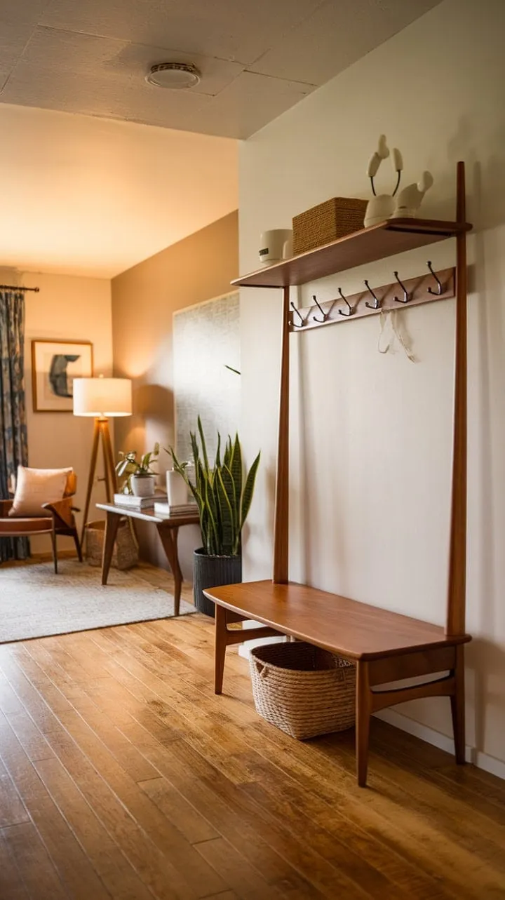In this mid-century modern entryway, warm light dances on polished wood floors, showcasing the exquisite craftsmanship of a hall tree that beautifully marries style with practicality.