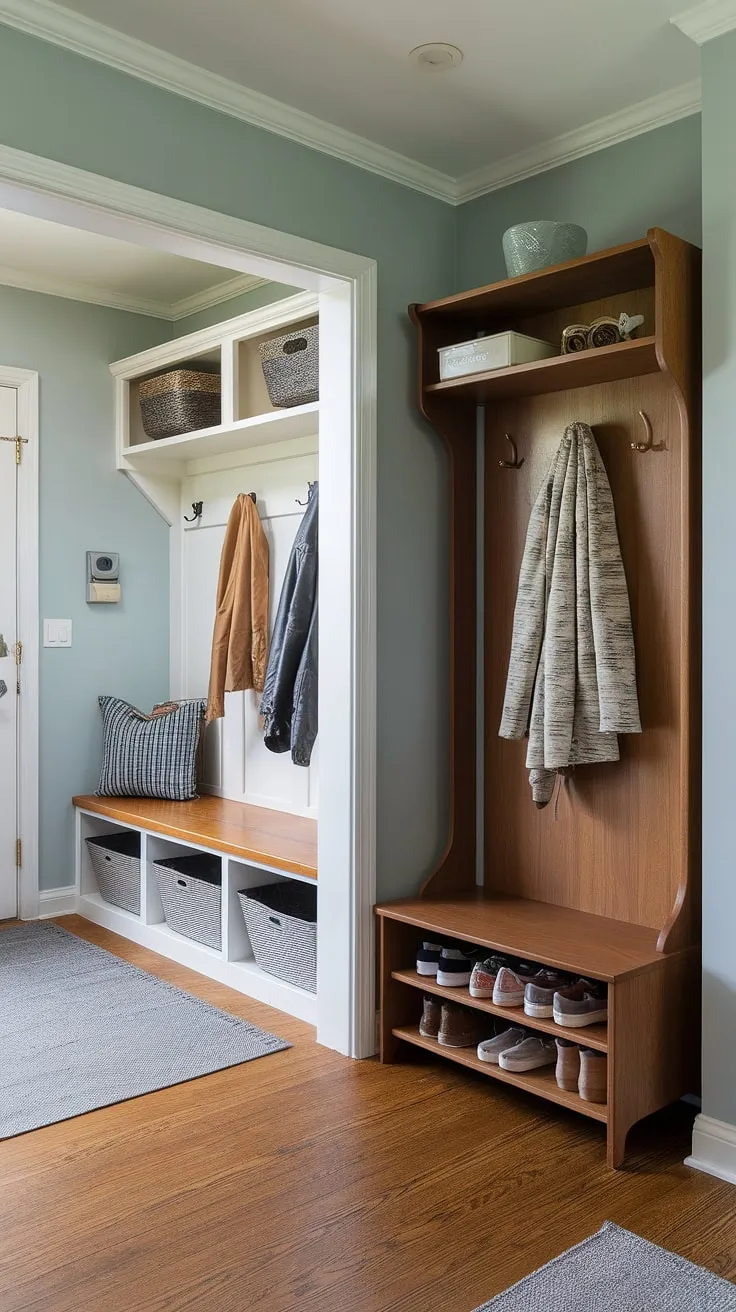 Step into serenity. This mid-century modern entryway, with its thoughtfully designed hall tree, built-in mudroom bench, and dedicated drop zone, effortlessly blends style and functionality. The light blue walls and warm wood floors create a welcoming atmosphere, making coming home a true pleasure. A perfect blend of form and function for a busy family.