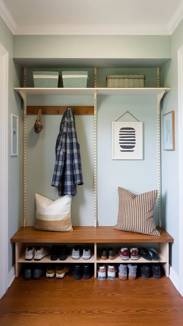 A perfectly curated mid-century modern entryway. The light blue walls create a tranquil atmosphere, while the hall tree, bench, and shelves provide both style and practical storage solutions. A welcoming space that seamlessly blends form and function.