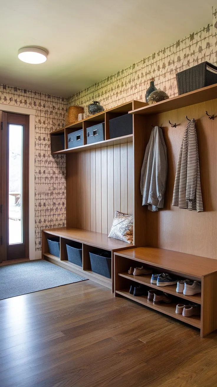This stunning entryway seamlessly blends form and function. A bespoke hall tree and cleverly designed mudroom offer abundant storage, keeping everything neatly tucked away. The eye-catching patterned walls and rich wood flooring create a sophisticated atmosphere, while the designated drop zone ensures a clutter-free entrance. A perfect example of how thoughtful design can transform a simple space into a stylish and practical haven.