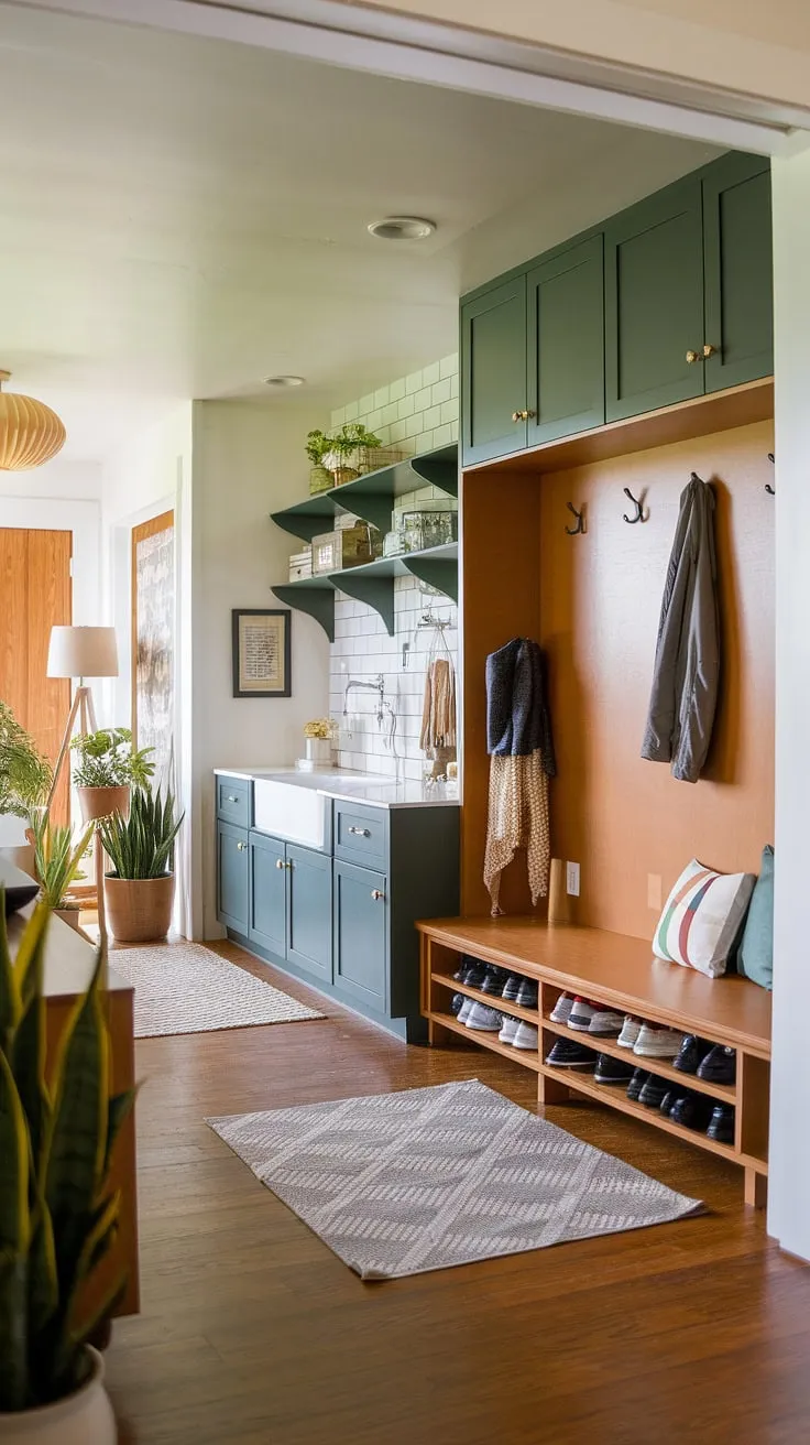 This stunning entryway is the epitome of organized style. From the stylish hall tree and its built-in bench to the efficient mudroom sink and ample storage, every detail is carefully considered. The drop zone, complete with a rug and shoe rack, adds a touch of warmth and practicality. A A true testament to the enduring charm of mid-century modern design.
