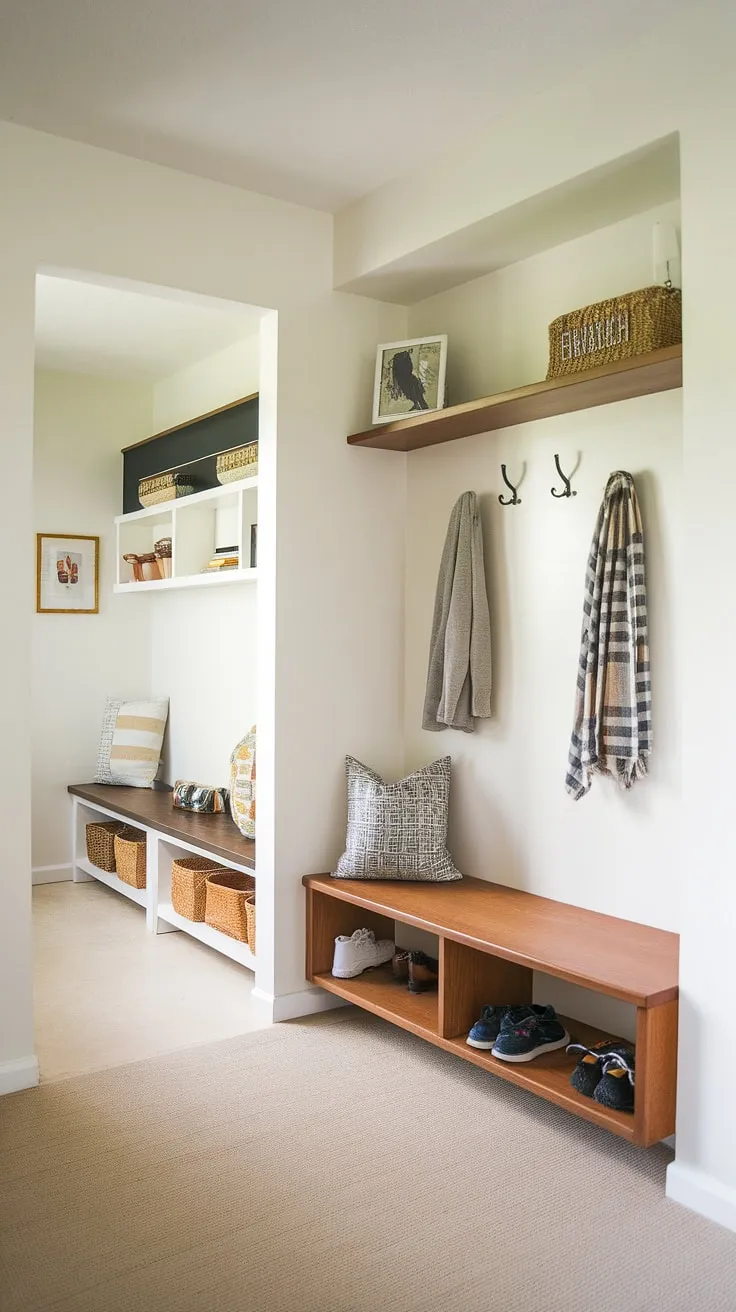 Organized chaos? Not in this home! This mid-century modern entryway boasts a stunning hall tree and a cleverly designed mudroom, proving that functionality and style can coexist beautifully. The clean lines and bright color palette create a sense of calm, while the abundant storage keeps everything in its place. A true testament to the power of A well-planned space.