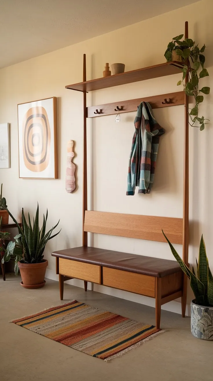 A curated collection of mid-century modern design elements creates a welcoming and functional entryway. The hall tree, complete with bench and coat hooks, provides ample storage, while the abstract art and potted plants add personality and warmth. A space where practicality meets sophisticated style.