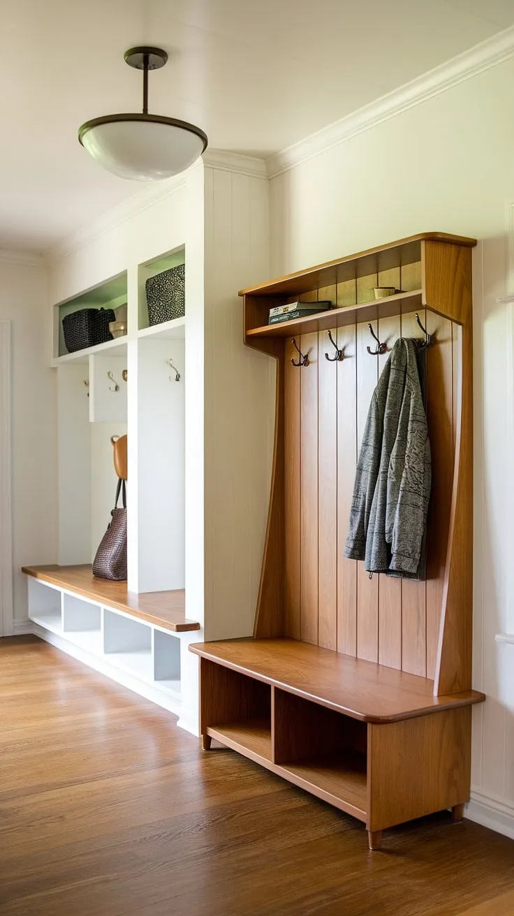 Step into mid-century modern style with this perfectly organized entryway. The hall tree, complete with bench and coat hooks, provides ample storage, while the added mudroom shelves create a designated drop zone for everyday essentials. A bright, airy space that effortlessly blends form and function.