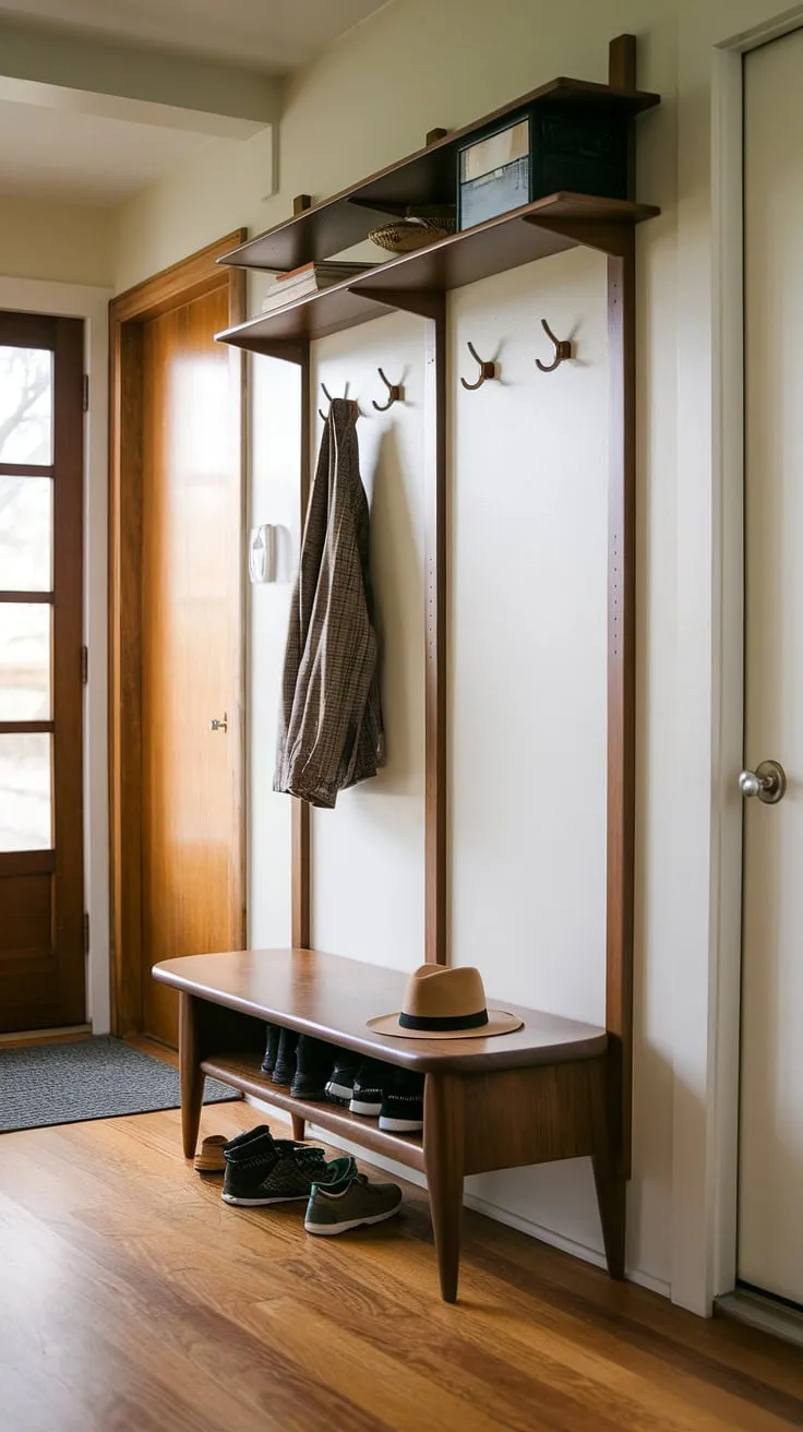 This mid-century modern entryway is a study in understated elegance. The warm wood floors, the sleek lines of the built-in hall tree and bench, and the carefully considered details-even the placement of the hat and shoes-create a space that is both functional and aesthetically pleasing. A true design classic.