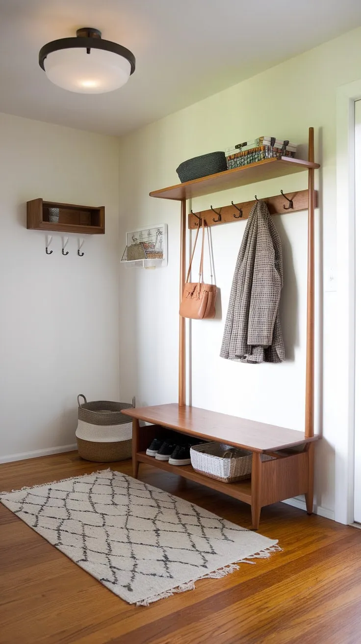 This meticulously designed entryway showcases the best of mid-century modern living. The hall tree acts as a stylish and practical focal point, complemented by a cozy drop zone rug and storage basket. The warm wood floors and carefully chosen lighting create a sense of calm and order, making this A a true reflection of thoughtful design.