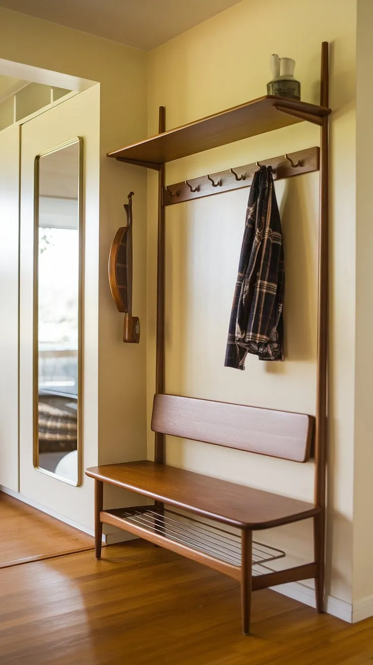 Step into mid-century modern bliss. This entryway, complete with a built-in hall tree and a welcoming bench, sets the tone for the entire home. The warm wood floors and thoughtful details create a space that's both stylish and practical. A perfect blend of form and function.