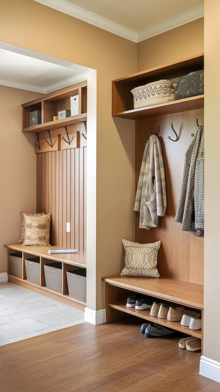 This thoughtfully designed entryway seamlessly blends mid-century modern aesthetics with practical functionality. A custom hall tree and built-in mudroom storage provide ample space for coats, shoes, and accessories, creating a welcoming and organized entry to any home. The soft beige walls and warm wood flooring enhance the overall sense of calm and sophistication.