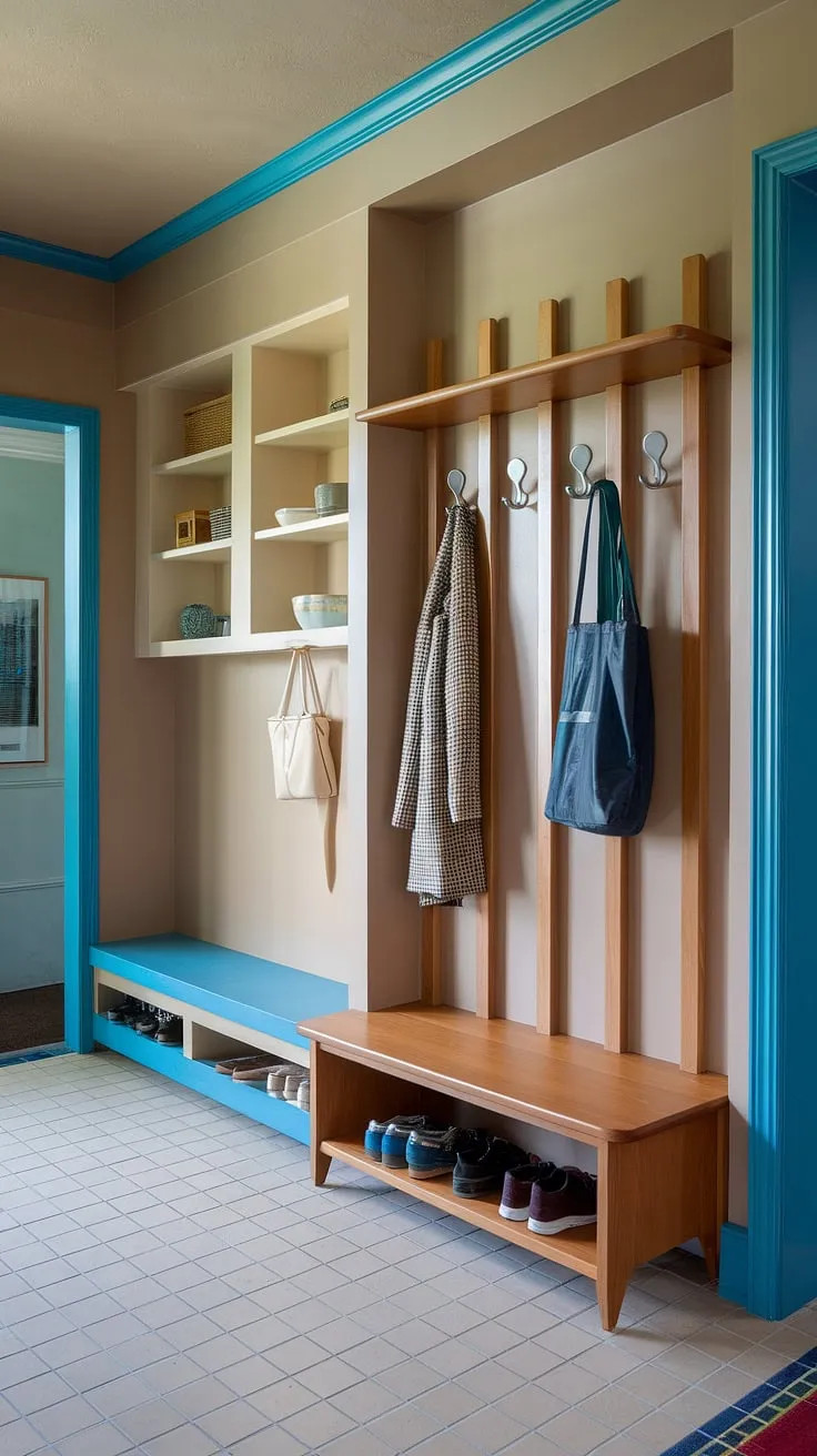 Step into mid-century modern style with this perfectly organized entryway. The built-in shelving, hall tree with bench, and designated drop zone for shoes and bags create a functional and aesthetically pleasing space. A calming beige and blue palette completes the look.