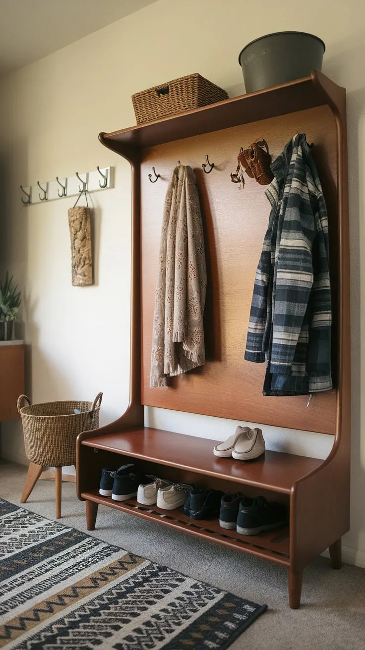 Step into mid-century modern style with this perfectly organized entryway. The hall tree, complete with coat rack and shoe storage, provides ample space, while the added drop zone and decorative accents create a welcoming and functional A atmosphere.