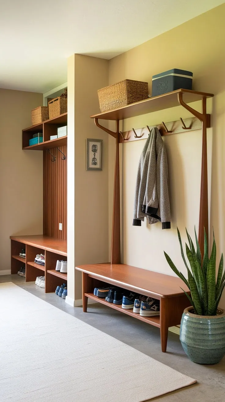 Step into mid-century modern charm with this perfectly organized entryway. The hall tree, complete with coat rack and bench, offers a welcoming space to shed outerwear, while the adjacent mudroom provides ample storage and a designated drop zone for shoes, keeping everything neat and tidy. A touch of greenery adds a refreshing element to this functional and stylish a area.