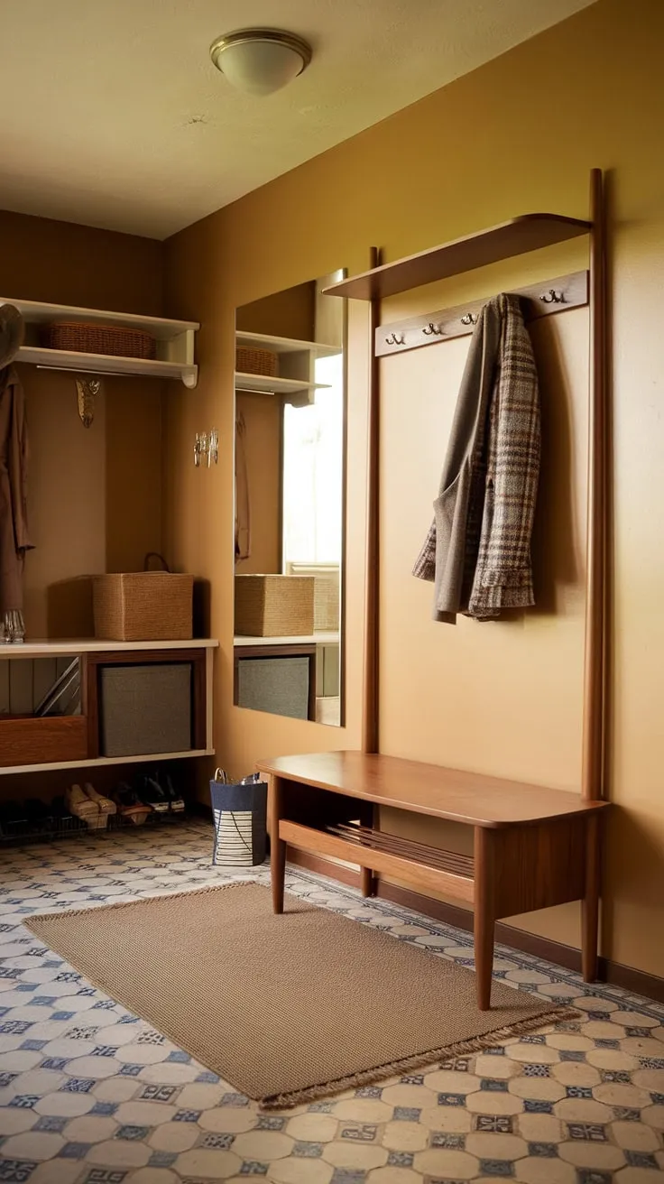 Step into mid-century modern charm with this perfectly organized entryway. The warm beige walls, patterned tile floor, and thoughtful details like the hall tree and stylish storage create a welcoming and functional space. A true testament to timeless design.
