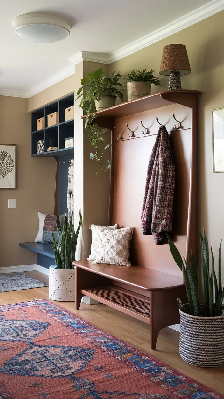 This entryway is a masterclass in curated design. The hall tree and mudroom seamlessly integrate, providing ample storage without sacrificing style. A carefully chosen bohemian rug, potted plants, and a mid-century lamp add personality and warmth, transforming a simple entryway into a captivating space. The neutral walls and hardwood floors create a timeless backdrop for this inviting area.