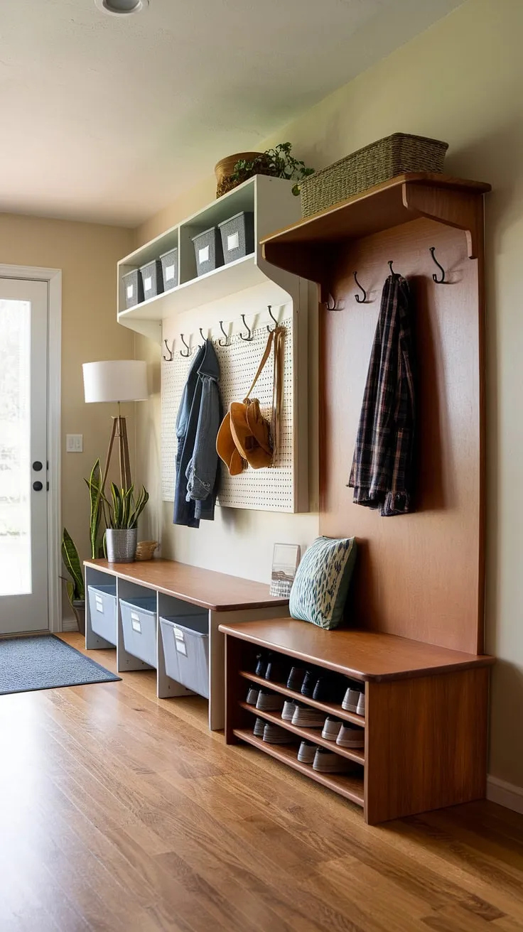 This thoughtfully designed entryway effortlessly combines form and function. The hall tree and mudroom create a stylish and practical space for organizing coats, shoes, and accessories. The light-filled room, accented with a plant and lamp, welcomes you home with a sense of calm and order. A perfect example of how thoughtful design can enhance everyday life.